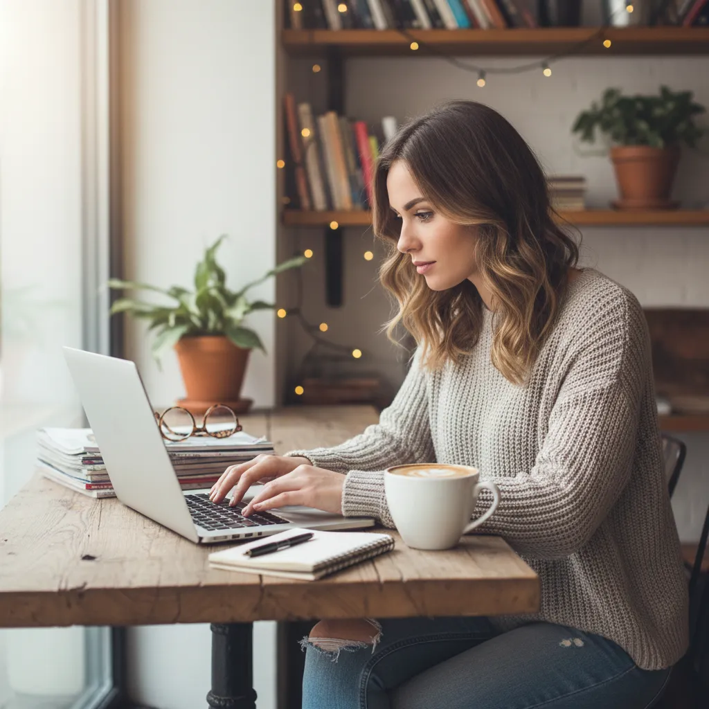 blogger writing laptop coffee