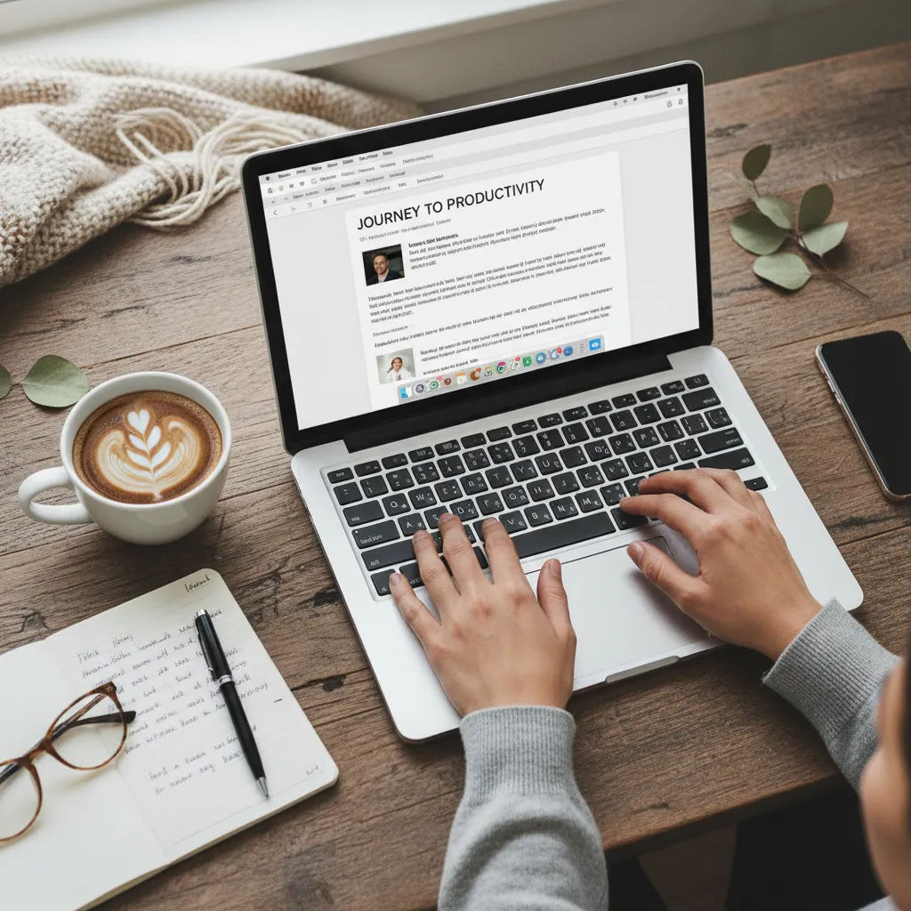 blogger writing laptop coffee