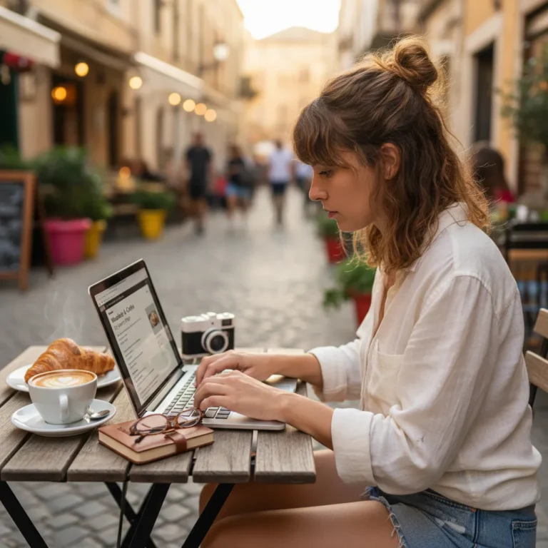 blogger writing laptop coffee