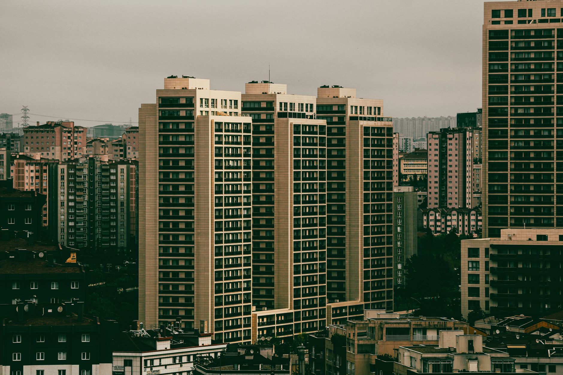 Aerial view of modern skyscrapers in Istanbul, showcasing urban architecture.